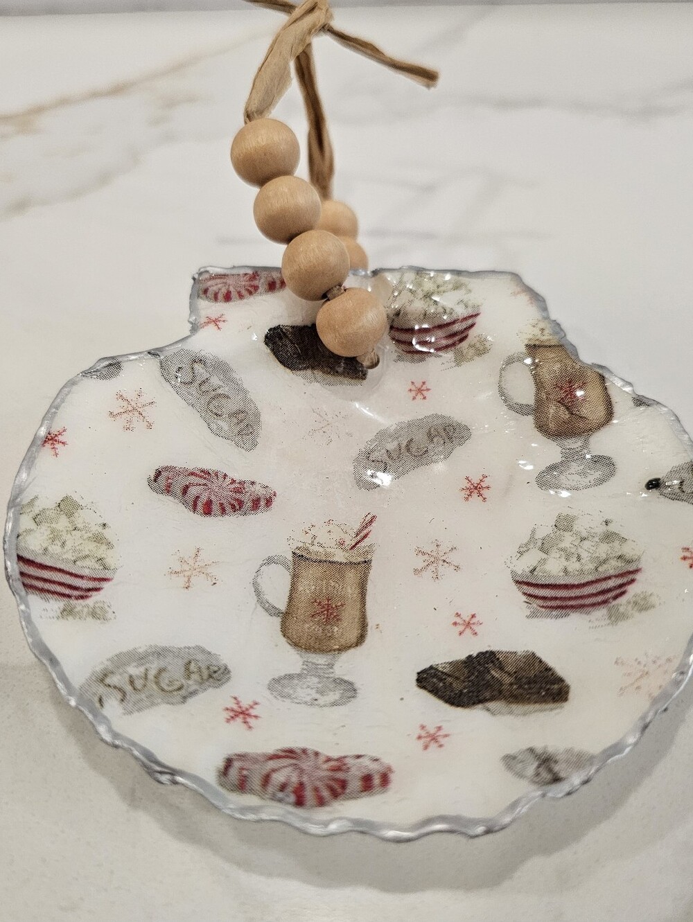Handmade Decoupaged Hot Chocolate Print Resin Sealed Scallop Christmas Ornament